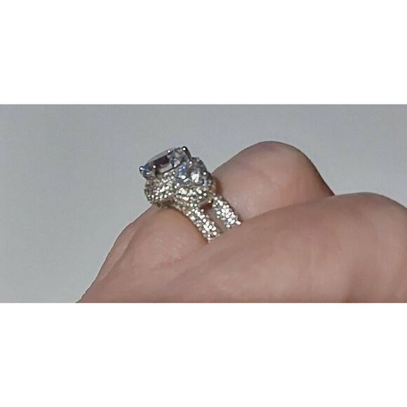 Gorgeous 9.4 Ct. Genuine Diamond Simulant Three Stone Halo Pave Wedding Ring #8 - Picture 7 of 10